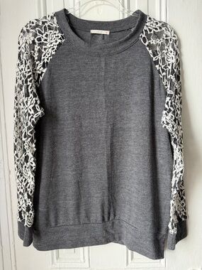 Le Lis Charcoal Gray Knit Top With Lace Designed Sleeves